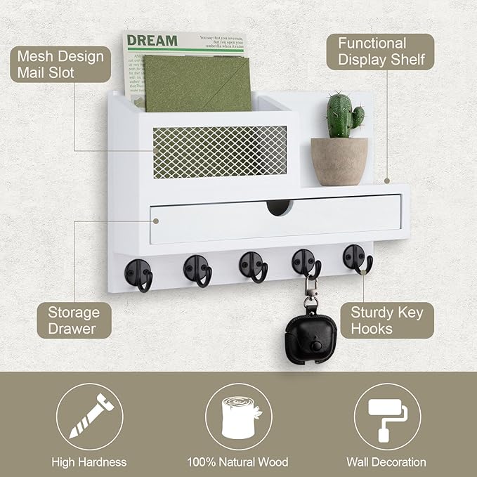 Key Holder Wall Mount, Key Holder for Wall with 5 Key Hooks and Storage Drawer Mail Organizer for Entryway Living Room Farmhouse Home Decor
