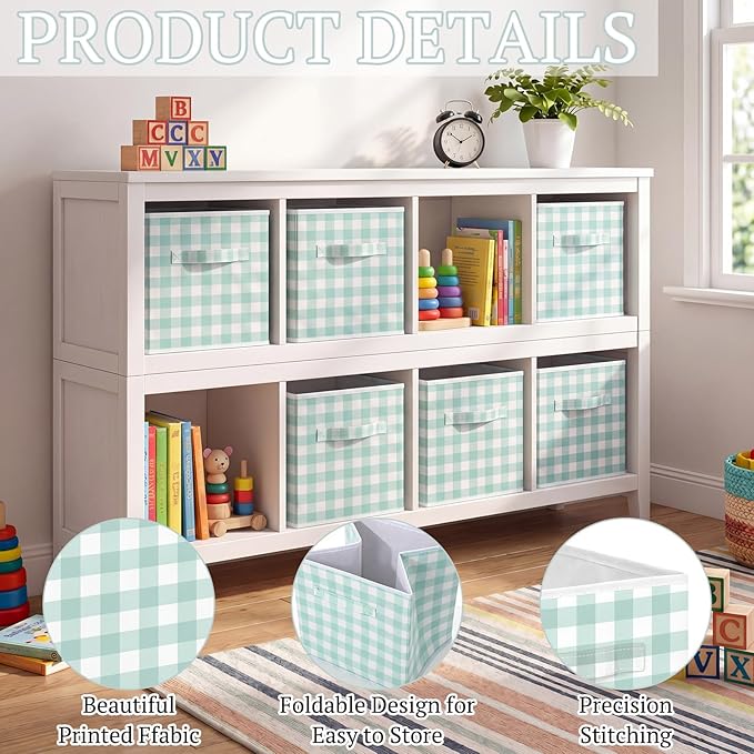 Yalikop 6 Pcs Green Checkered Cube Storage Bins, 11 Inch Fabric Gingham Classroom Storage Bins Organizer with Handle Preppy Collapsible Cubby Basket for Classroom Home Nursery Playroom Bedroom