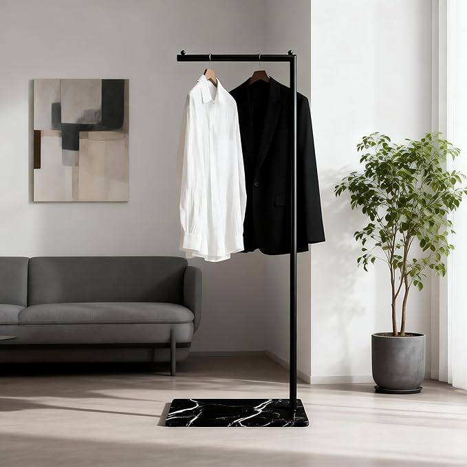 Black Clothing Rack with Marble Base,Freestanding Garment Rack for Hanging Clothes,Modern Coat Rack, Minimalist Clothes Rack for Small Spaces,Bedroom,Entryway,Boutique Display