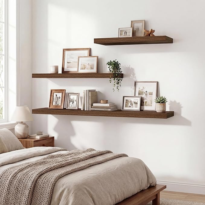 Floating Shelves for Wall,48 Inch Wall Mounted Rustic Wood Shelves,9.3" Deep Wall Shelf with Invisible Brackets,Large Deep Floating Shelf for Bathroom,Bedroom,Living Room,Book/Storage/Decor,Walnut