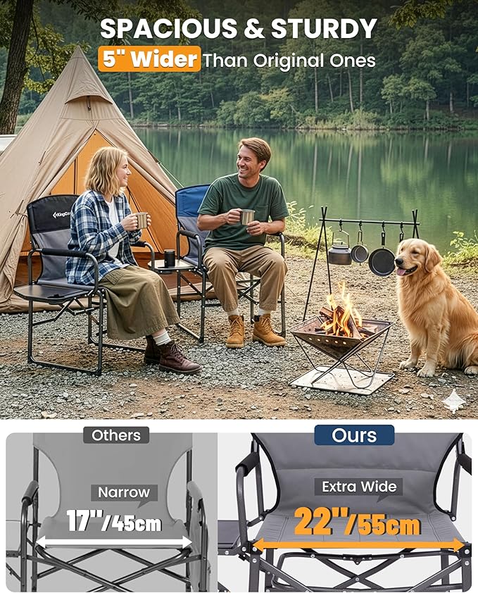 KingCamp Oversized Camping Directors Chair for Big and Tall, Heavy Duty 440lbs Folding Chairs with Side Table, Portable Padded Camp Chairs with Wide Seat & Anti-Sag Fabric for Outdoor Lawn Fishing RV