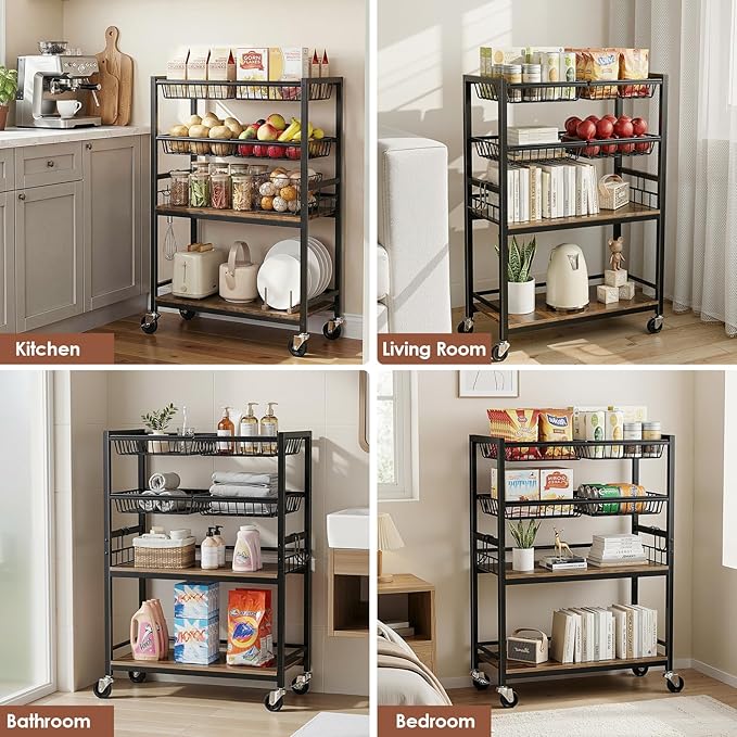 Fruit Vegetable Storage Cart, 4-Tier Rolling Kitchen Storage Cart, Fruit & Vegetables Basket Stand, Snack Organizer Shelf Unit for Kitchen, Bathroom, Living Room, Office, Balcony, Black