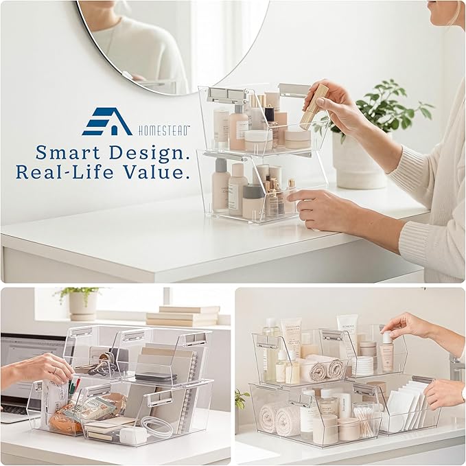 HOMESTEAD Set of 2 Small Stackable Storage Bins, Clear Plastic Organizer Bins, Open Front Design for Kitchen Pantry, Fridge, Cabinet, Bathroom and Snack Organization