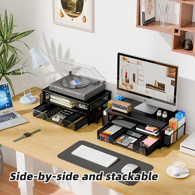 Simple Trending Desk Organizer and Accessories, 2-Tier Computer Monitor Stand Riser with Drawer and Pen Holders – Metal Latop Stand for Home Office, Black