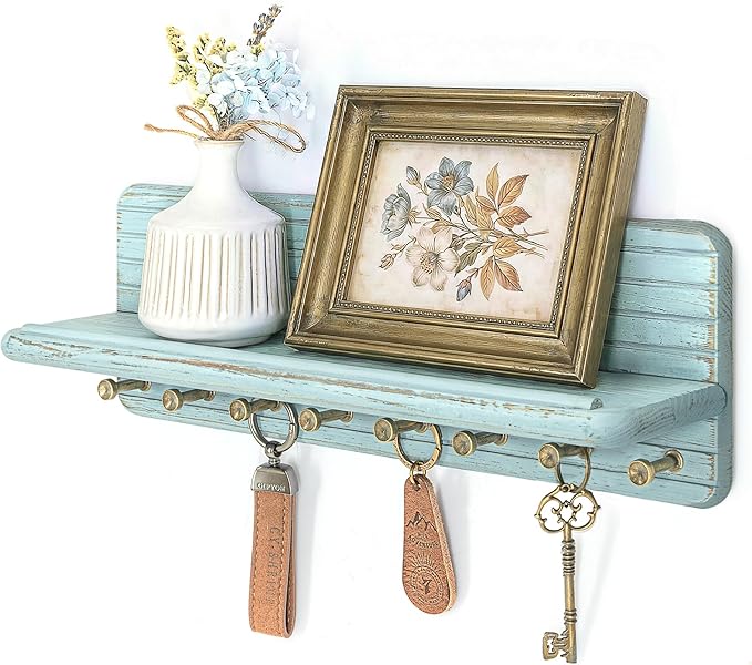 Rebee Vision Pine Wood Key Holder Wall Mount – Key Holder for Walll with Floating Shelf for Entryway, or Kitchen – Decorative Hooks for Home Decor, Apartment Essentials & Office Organization (Blue)