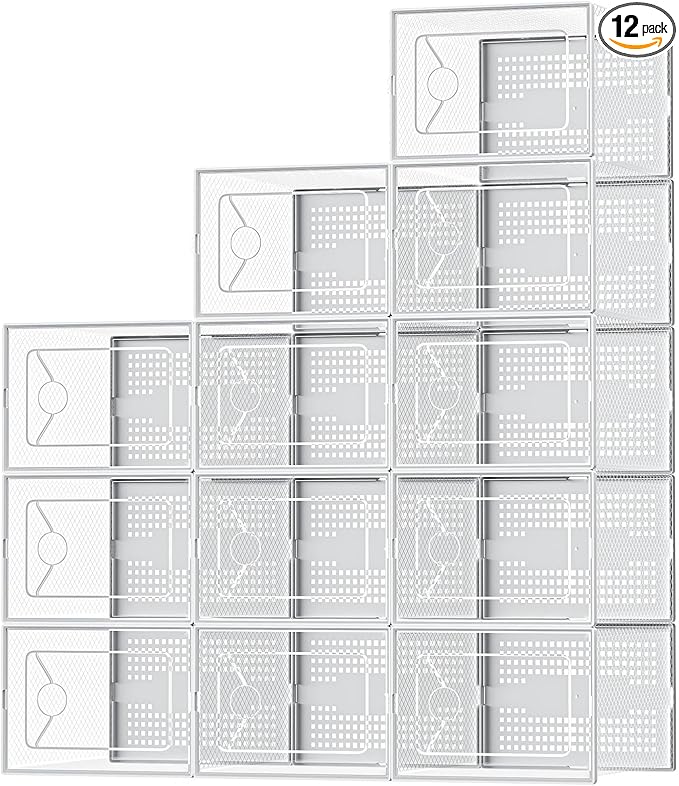 OLIXIS Shoe Storage Boxes, 12-Pack Clear Stackable Shoe Organizers with Lids, Sneaker Display and Storage Containers for Closet, Under Bed, Entryway, White