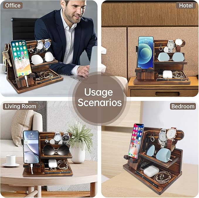 Gifts for Men Wood Phone Docking Station Birthday Gift for Men Valentines Day Gifts Father Gift for Him Boyfriend Nightstand Organizer Desktop Phone Stand (Update Brown)
