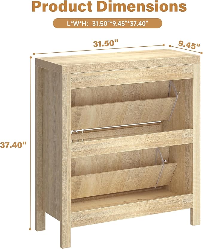 knoworld Shoe Storage Cabinet for Entryway with 2 Flip Drawers, 31.5" Narrow Fluted Shoe Organizer Cabinet, Slim Wooden Shoe Cabinet, Freestanding Hidden Shoe Cabinet for Entrance, Hallway (Natural)
