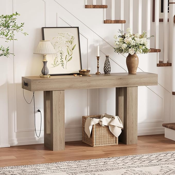 IDEALHOUSE 63" Entryway Table, Wood Console Table with Charging Station, Extra Long Sofa Table, Narrow Hallway Foyer Table for Entryway, Hallway, Living Room, Grey