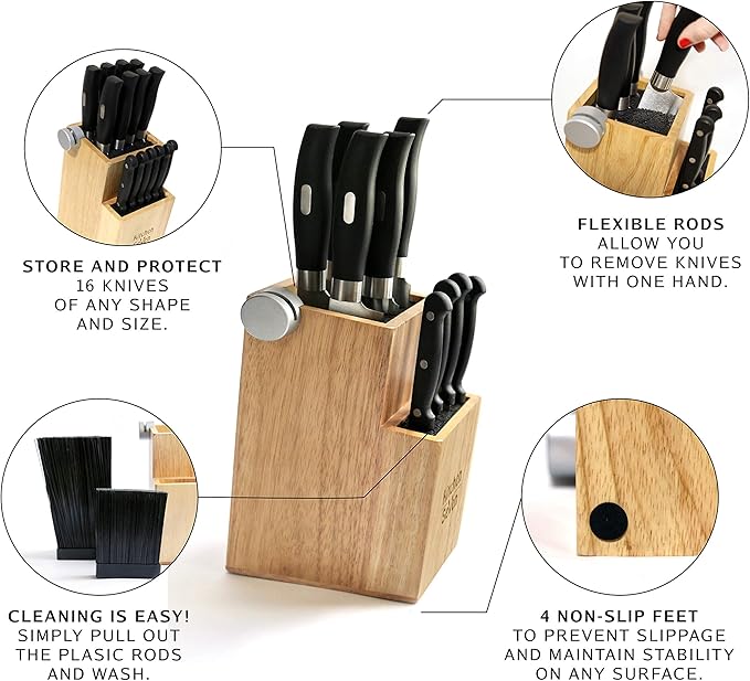 Bamboo Universal Knife Block - Knife Holder with 2 Built-In Knife Sharpeners - 2-Tiered Modern Knife Storage Up to 16 Large and Small Knives Easy Clean Wooden Knife Organizer by Kitchen Seven