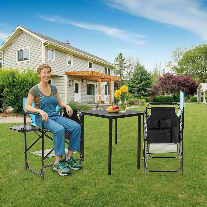 Outvita 26" Tall Directors Chair Height Seat Folding with Side Table Storage Bag, Support for 300Lbs Portable Makeup Artist Chair with Bar Height(Blue/Black)