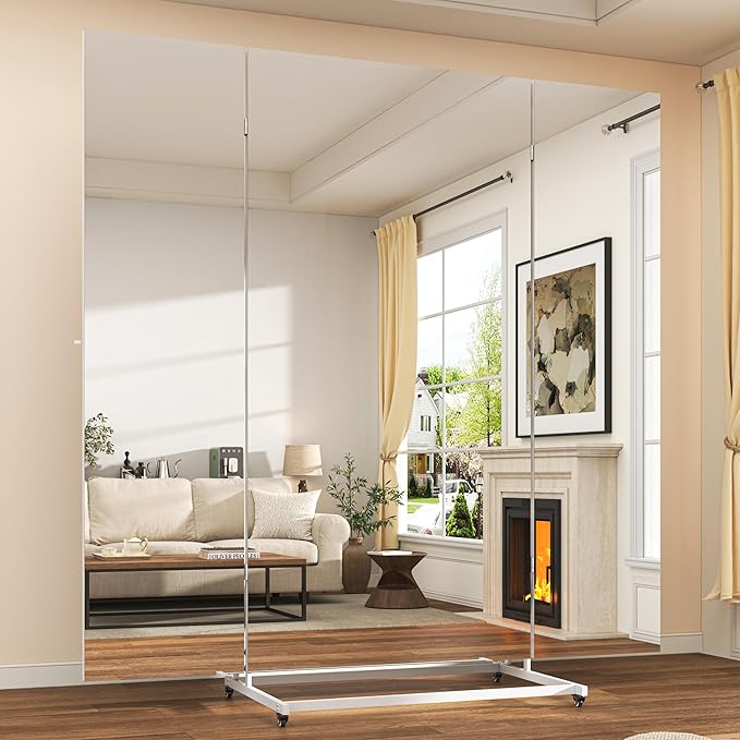 Hasipu Large Full Length Rolling Mirror - 79"×79" Tri-Fold Full Body and Tempered Glass Movable Home Gym Mirror on Wheels with Stand for Gym, Dance Studio, Fitness Room, and Home