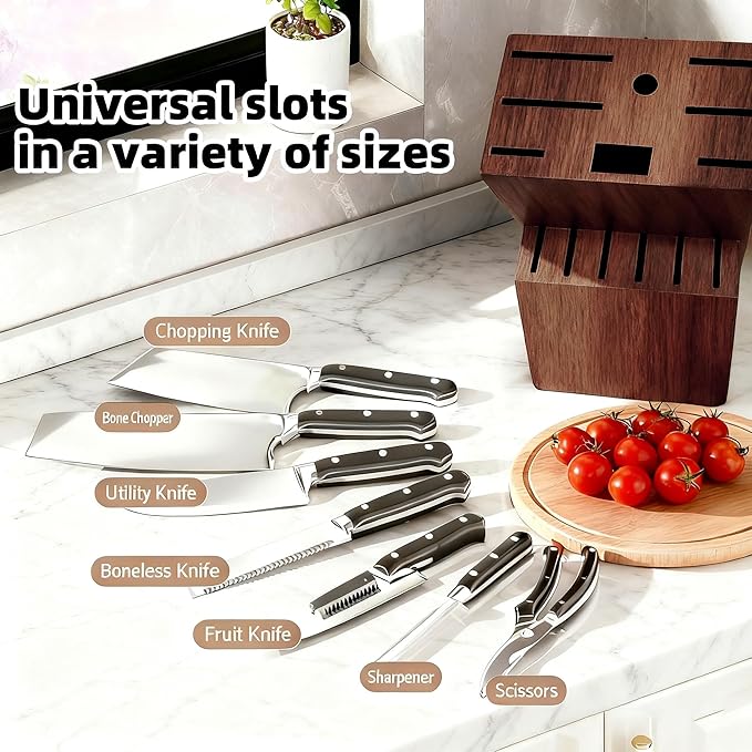 Teak Wood Knife Block Organizer, 14-Slot Kitchen Counter Storage Holder, Universal Design (Brown)