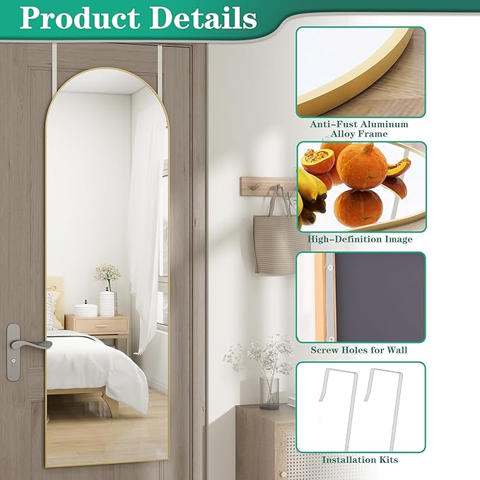 Over the Door Mirror Full Length,48"x14"Door Hanging Mirror Full Length Arch Mirror,Behind the Door Wall Mirror,Back of Door Mirrors for Closet Bedroom Living Room (Gold)