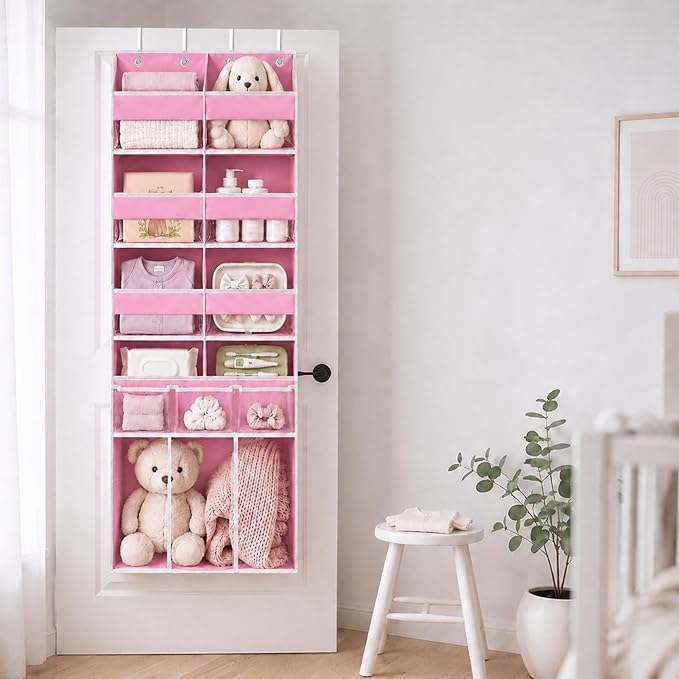 Extra Large Over The Door Organizer with Clear Pockets - 8 Compartments & XL Bottom Storage, Heavy-Duty Hanging Organizer for Bathroom, Bedroom, Closet (57 Inch Height). (Pink)