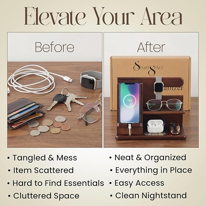 Wood Phone Docking Station for Men - 360° Rotating Nightstand Organizer with Rotating base, Charging Slot, Holds watch, Wallet, Keys, Eyewear - Birthday Gifts for Men & Women, Bedroom or Office Use, Dark Brown