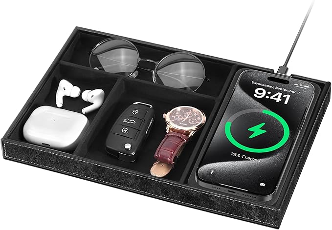 Valet Tray with Wireless Charger, Nightstand Organizer for Men, EDC Catchall Tray for Keys, Watch, Wallet, Jewellery, Premium Vegan Leather, Bedside Caddy, Stylish and Organized, PU Black