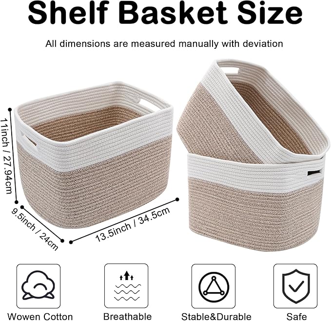 3 Pack Woven Rope Storage Baskets for Shelves,13.5"×11"×9.5" Storage Bins with Handles,Empty Gift Baskets,Nursery Organizer for Toys,Towels,Books,Closet,Living Room,Bedroom (White & Brown)