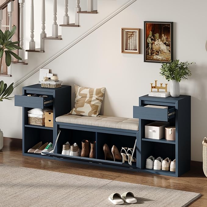 Merax All-in-One Shoe Storage Bench with Cushion & Flip Compartments, Entryway Bench with Drawers and Open Shelves, Solid Wood Vintage Storage Bench for Mudroom Hallway Living Room, Antique Navy