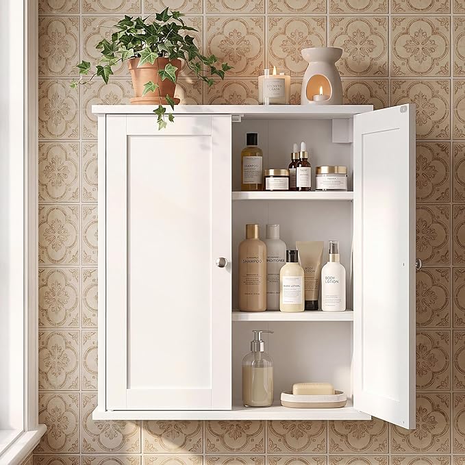 VASAGLE Siren Collection - Bathroom Wall Cabinet, Hanging Bathroom Storage Cabinet, for Medicines, Farmhouse, 2 Adjustable Shelves, 7.9 x 17.7 x 23.6 Inches, Cloud White UBBK320WB01S
