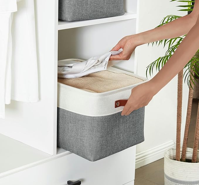 DECOMOMO Storage Bins, Large Fabric Storage Baskets for Shelves, Decorative Linen Closet Organizer, 15 x 11 x 9.5 inches (Slate Grey & White, 4 Pack)
