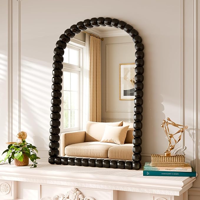24"×36" Black Arched Bathroom Vanity Mirror, Vintage Beaded Decorative Wall Mounted Makeup Mirror, as Wall Decor Hanging Leaning for Fireplace Mantle, Living Room, Bedroom, Vanity Area
