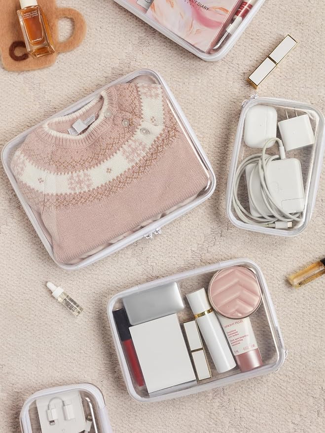 CoiiJoii 6PCS Clear Zipper Pouches, Small Christmas Item Storage Bins, Zippered Hard Pouch Double, Portable Makeup and Cosmetic Bag, Storage Organizer Bins, Hard Plastic Case, Clear Zipper Bags
