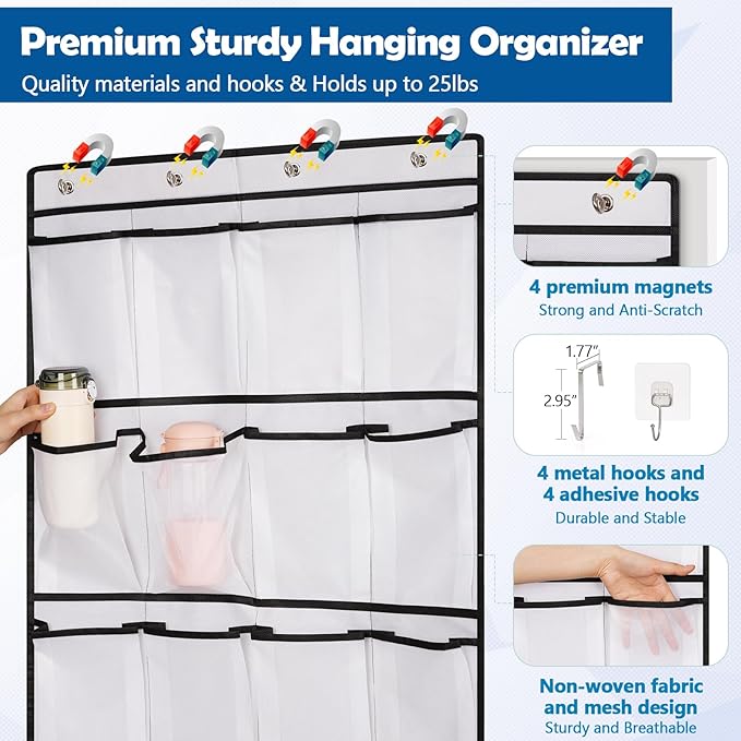 Over The Door Cruise Ship Organizer - Cruise Ship Magnetic Door Organizer with 21 Size-Graded Pockets, Hanging Magnetic Cruise Storage Shoe Rack for Cabin, 2026 Cruise Essential, 12 Hooks(White)