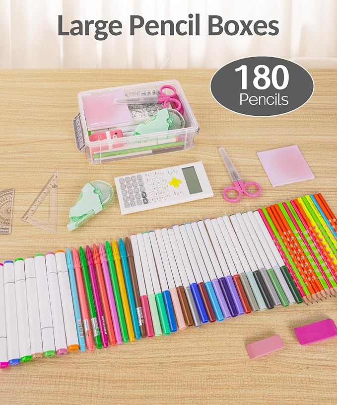 Sooez 6 Pack Extra Large Pencil Box, Plastic Hard Pencil Case Crayon Box Bulk, Clear Marker Organizer Plastic Containers with Lid, Stackable Storage Boxes for Art Craft, Back to School Supplies, Multi