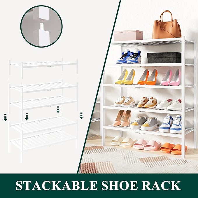 Smiry Bamboo Shoe Rack, 3 Tier Free Standing Wooden Shoe Organizer, Stackable Wood Shoe Storage Shelf for Closet, Entryway, 14 Vertical Slats, 2+1 Stack Heavy-Duty Legs, 26.8"x11"x19.5", White