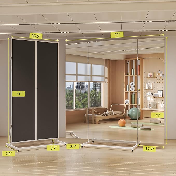 Hasipu Large Full Length Rolling Mirror - 71"×71" Tri-Fold Full Body and Tempered Glass Movable Home Gym Mirror on Wheels with Stand for Gym, Dance Studio, Fitness Room, and Home