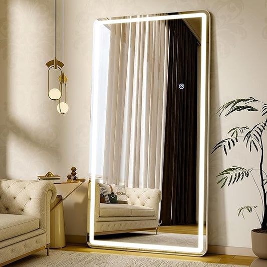 71"x32" LED Full Length Mirror – Standing Floor Body Mirror with Dimmable Lights 3 Color Modes – Adjustable Brightness, Wall-Mount or Leaning for Barber, Fitness Center, Dressing Room