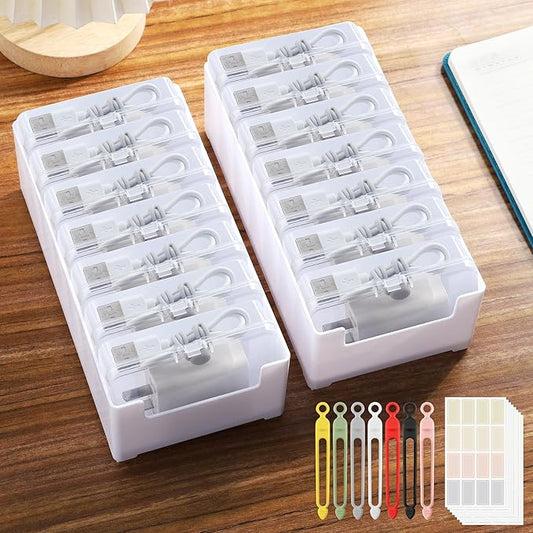 2 Pack Cable Organizer Storage Box with Wire Ties, Desktop Charger Cord Storage Organizer Box, Charger Organizer with Clear Cases Stickers for Office Home Storage Stationery Supplies, Medium