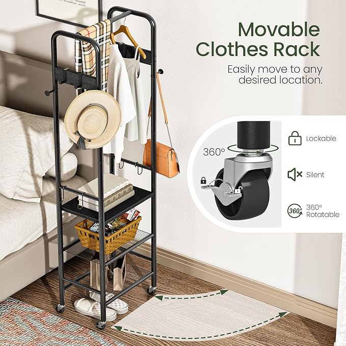 CHOEZON Coat Rack, Freestanding Coat Rack with 3 Shelves, Rolling Garment Rack with Wheels and Hooks, Coat Hanger Stand, Clothes Rack, Hanging Rod, for Entryway, Bedroom, Living Room, Black TYM17BB