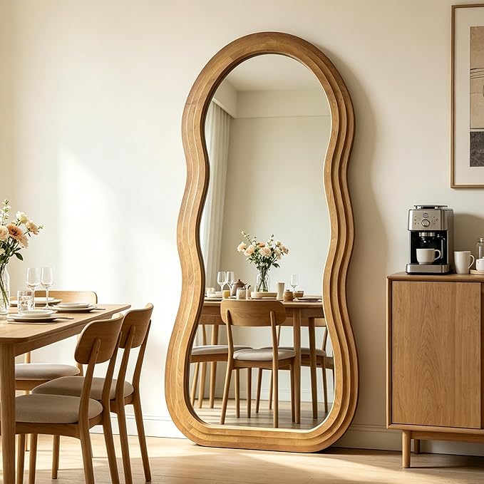 Wavy Full Length Mirror, 67"x31.5" Organic Floor Mirrors with Triple-Layer Solid Wood Frame, Large Irregular Aesthetic Mirror for Living Room Entryway Hallway Cloakroom, Leaning/Hanging
