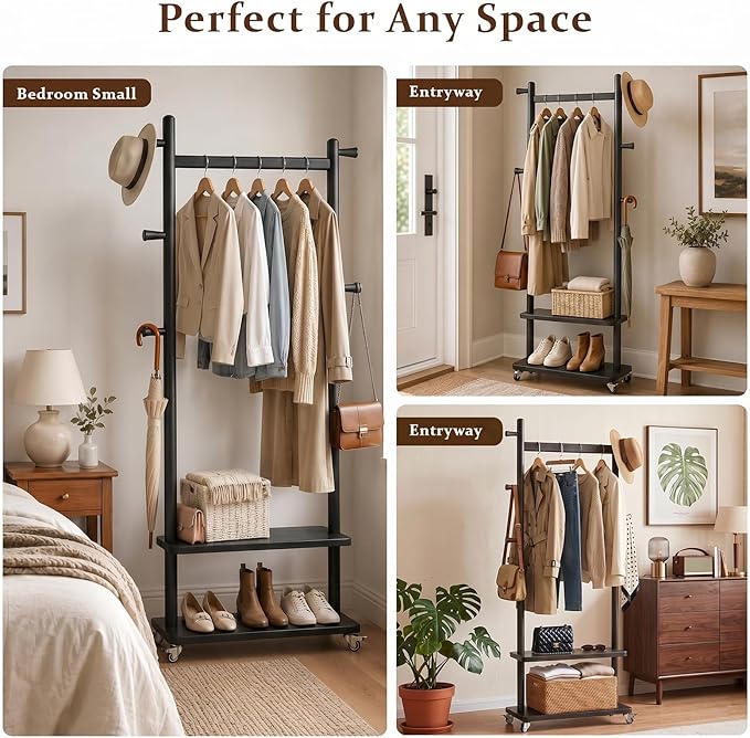 Taitiy Coat Rack Freestanding Clothing Rack with Wheels & 2 Shelves Storage & 5 Hooks Heavy Duty Clothes Rack Wood Coat Tree Stand Hat Hanger Rack for Corner Bedroom Entryway Living Room Hotel Size L