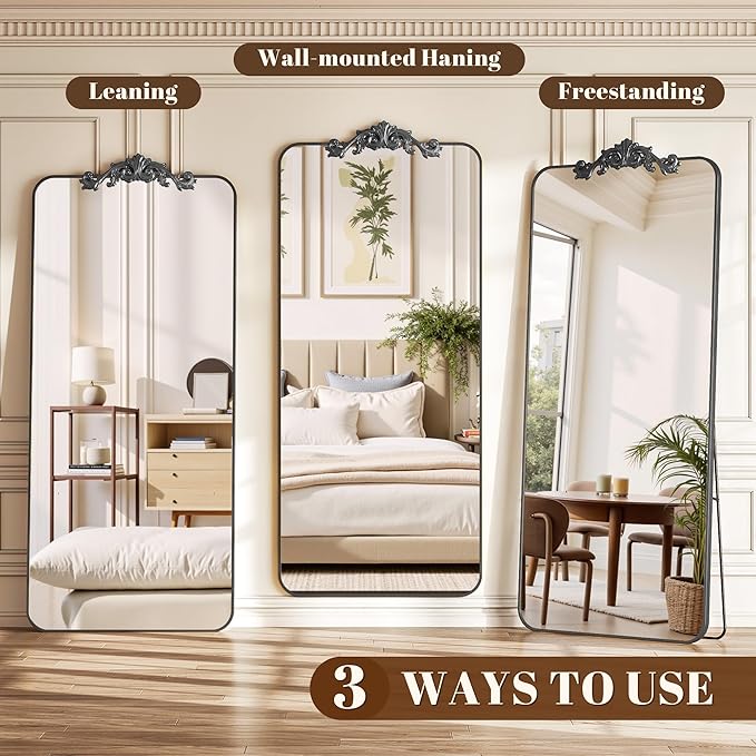 Vintage Full Length Mirror, 81"x41" Floor Mirror with Carved, Full Body Mirrors for Home Decor, Standing/Hanging Large Wall Mirrors for Bedroom/Living Room/Entryway, Black, Retro Style