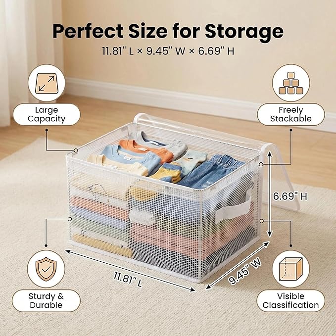 3-Pack Clear Toy Storage Baskets, Kids Room Organizer Bins with Handles, Foldable Closet Storage Containers for Nursery, Clothes, Toys, 11.8 x 9.45 x 6.7 in