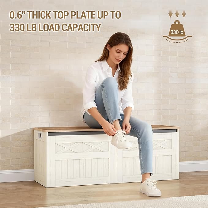 Hzuaneri 47.2" Storage Chest, Large Storage Bench with 2 Hinges, Farmhouse Wooden Box Bench, Lift-Top Organizer Chest, Wooden Bed End Bench, Suitable for Entryway, Bedroom, Retro White SB51214X