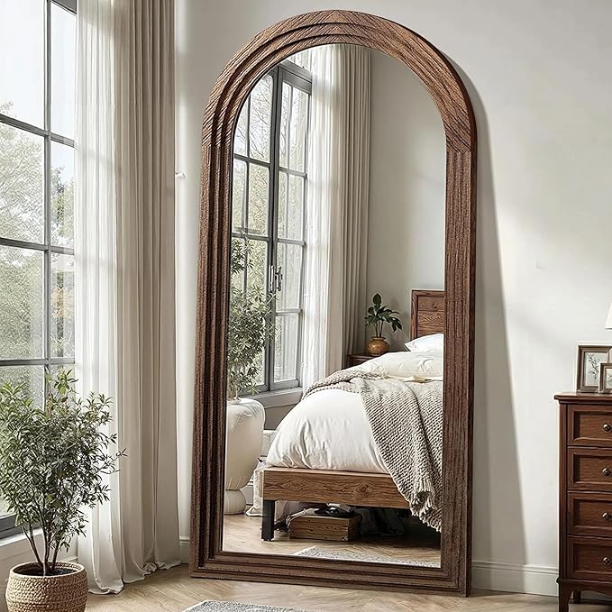 Delma Arched Full Length Floor Mirror with Stand, 75x35 Rustic Farmhouse Solid Wood Frame Wall Mirror for Bedroom, Living Room, Vertical Hanging & Standing(Brown)