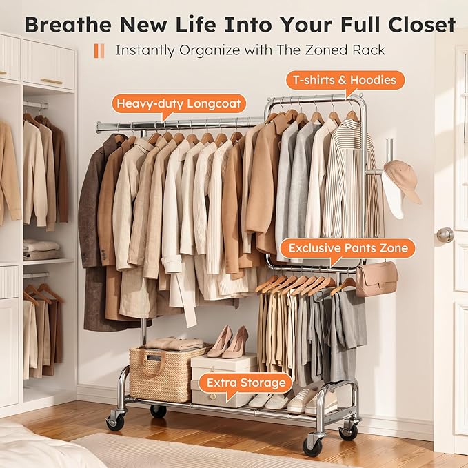 SOLEDI Heavy Duty Partitioned Clothes Rack, 600 LBS Load Metal Garment Rack with Shelves & Lockable Wheels, Rolling Hanging Rack for Bedroom, Laundry Room, Store & Garage (Silver)
