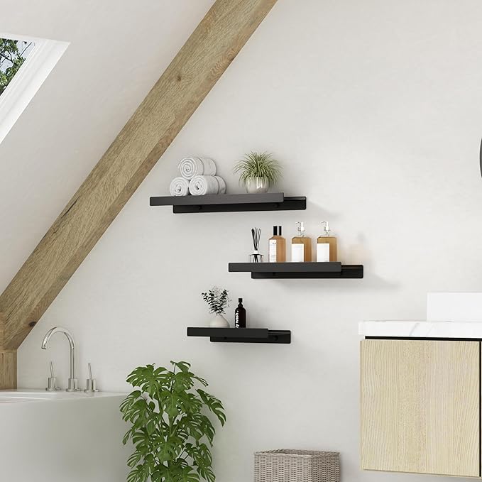 Floating Shelves for Wall, Wall Mounted Shelves with Lip for Storage, Metal Display Shelves for Home Decor, Kitchen/Living Room/Bedroom/Bathroom Shelf, Black 16 inch 1 Pack