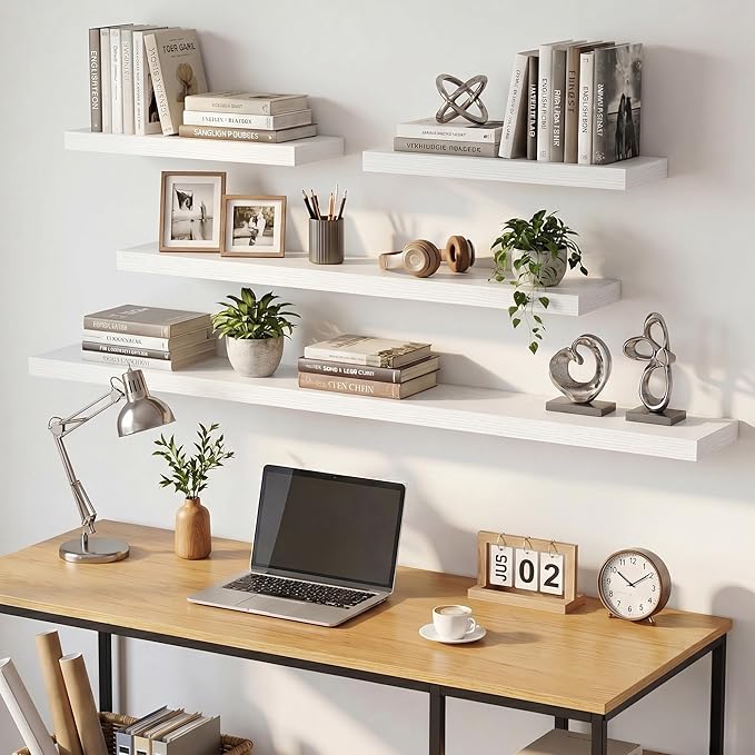 Dreamland 32inch Floating Shelves for Wall, Rustic White Floating Shelves for Bathroom|Bedroom|Kitchen, Deep Wall Mounted Book Shelf, Wood Storage Display Shelf for Home Decor, Set of 2