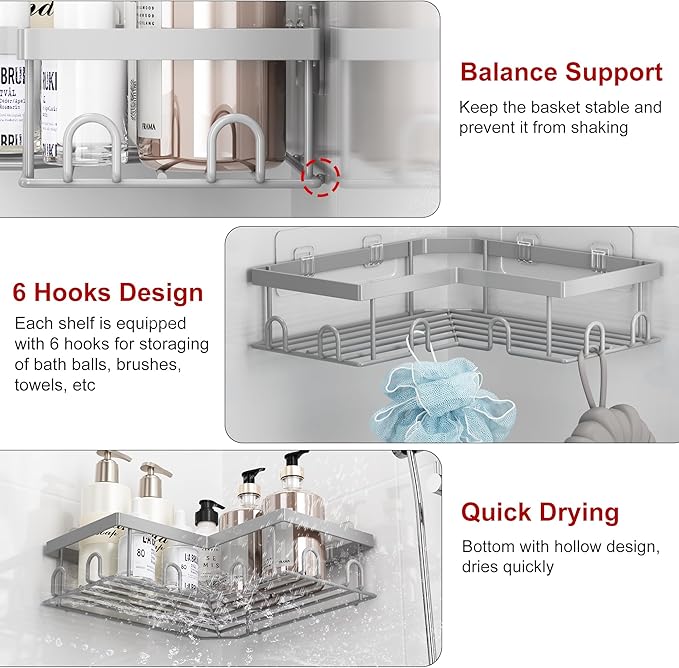 Liuoud Corner Shower Caddy 5 Pack, Rustproof Stainless Steel Shower Organizer with Soap Rack Toothbrush Holder, Large Capacity Adhesive No Drilling Bathroom Kitchen&Home Decor Set, Grey