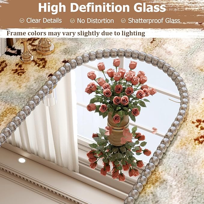 28"x71" Silver Arched Full Length Mirror, Vintage Beaded Decorative Floor Full Body Dressing Mirror as Room Decor Hanging Leaning Standing for Living Room, Bedroom, Vanity Area