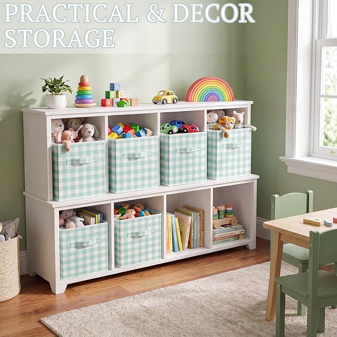 Yalikop 6 Pcs Green Checkered Cube Storage Bins, 11 Inch Fabric Gingham Classroom Storage Bins Organizer with Handle Preppy Collapsible Cubby Basket for Classroom Home Nursery Playroom Bedroom
