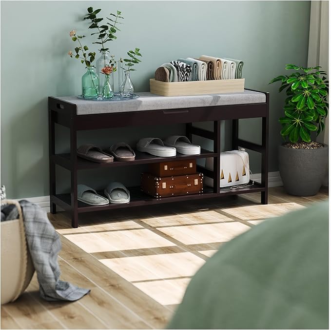 HIFIT 2-Tier Entryway Shoe Rack Bench with Storage, 36 in Bamboo Storage Bench with Padded Seat, Shoe Oiganizer Shelf for Entryway Mudroom Bathroom Foyer, Vintage