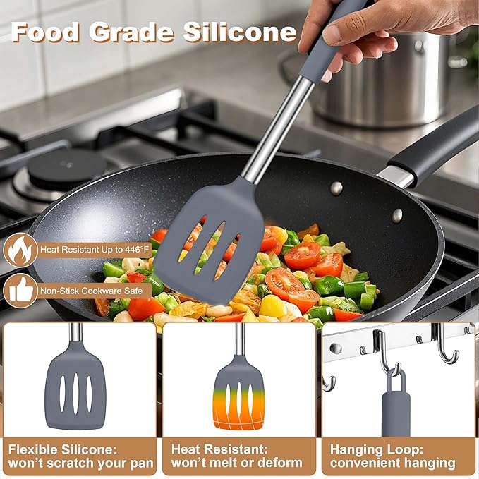 LIANYU Silicone Cooking Utensil Set, 4Pcs Heat Resistant Kitchen Utensils Set, Non-stick Stainless Steel Handle Spatula Tools, Dishwasher Safe, Grey