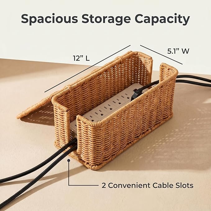 Scalloped Handwoven Rattan Cable Management Basket, 2 Open Slots Plastic Wicker Cord Hider Box for TV Wires Computer Router USB Hub Strip