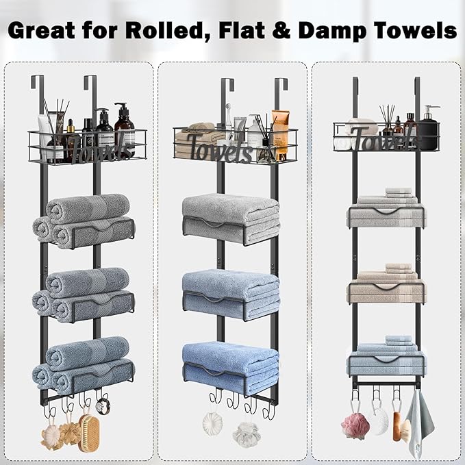 Over The Door Towel Racks, No Drill Towel Storage with Basket & Hooks, Space-Saving Multi-Functional Towel Holder for Bathrooms, bedrooms, Apartments, RVs (Matte Black, 5 Tier)